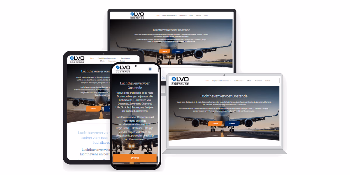 De website van Luchthavenvervoer Oostende op desktop, laptop, tablet en smartphone