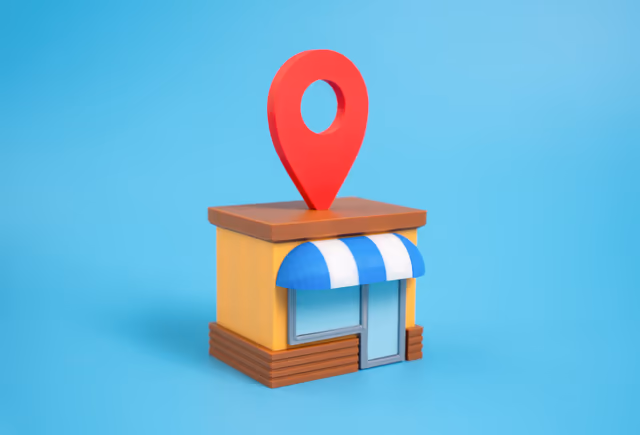 Een locatiemarker bovenop een kleine winkel, geen kaart, geen route: uw eigen zaak gemarkeerd.