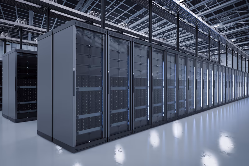 Een rij serverkasten in een datacenter: de infrastructuur achter AI-chatbots en AI-zoekmachines.