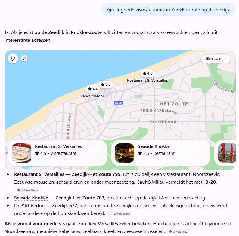 Antwoord van ChatGPT op de vraag naar goede visrestaurants op de Zeedijk in Knokke-Zoute, met Restaurant Si Versailles als eerste vermelding