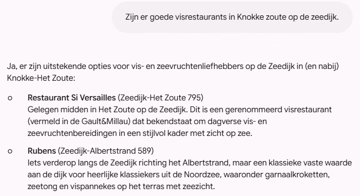 Antwoord van Google Gemini op dezelfde vraag, met Restaurant Si Versailles als eerste vermelding